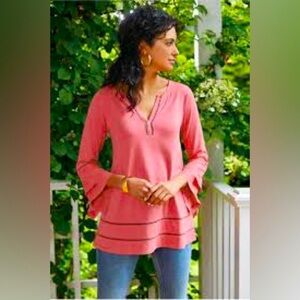 Soft Surroundings coral 3/4 sleeve handkerchief cuff popover top, medium.